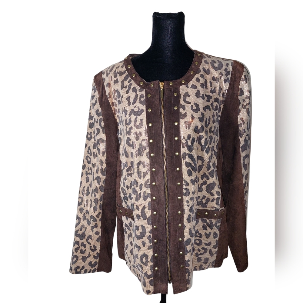 SHARIF 1827 COUTURE JACKET BROWN LEATHER SUEDE ANIMAL PRINT STUDS 2x